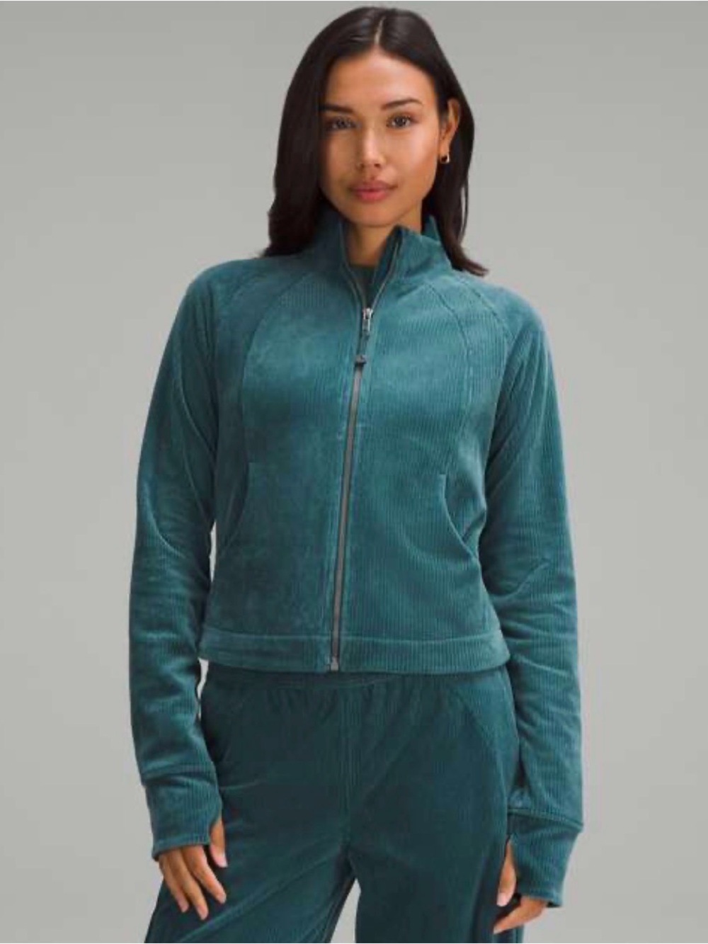 Lululemon Scuba Track Jacket Velvet Cord Storm Teal sz 4 Thumbholes
